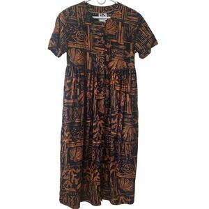 Vintage 80's Hilo Hattie SS Dress Black Hawaiian Print Button Front Size Medium